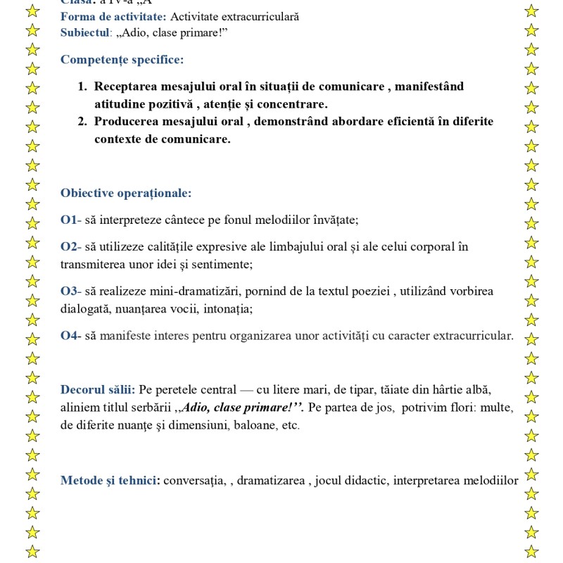 Activitate extracurriculară „Adio, clase primare!” [fișier .doc]