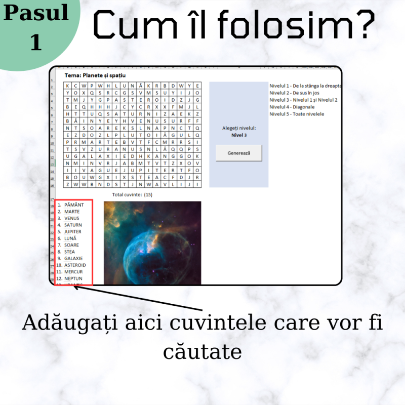 Excel Generator de Jocuri - Căutare de Cuvinte