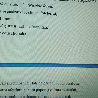 ACTIVITATE EXTRACURRICULARĂ - ȘEZĂTOARE FOLCLORICĂ „O, POM DULCE, STRĂMOȘESC, RAMURI CÂTE-N TINE CRESC?” [fișier .DOCX]