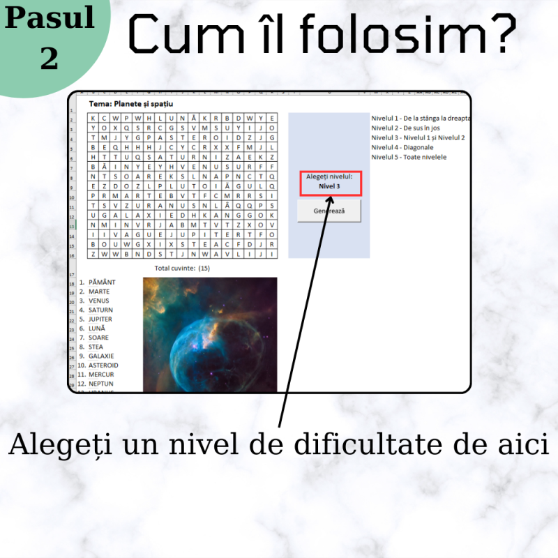 Excel Generator de Jocuri - Căutare de Cuvinte