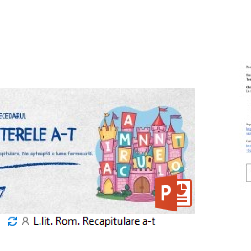 L.Lit.Română. Clasa I-âi. Recapitulare. Sunetele şi literele a-t [fișiere .PPTX + .DOCX + .PDF]