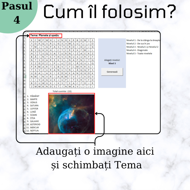 Excel Generator de Jocuri - Căutare de Cuvinte