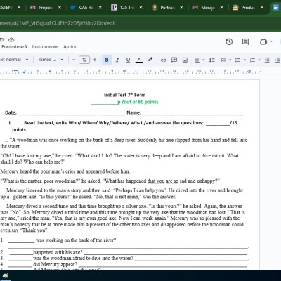 Test Inițial Limba Engleza clasa 7  [fișier .docx]