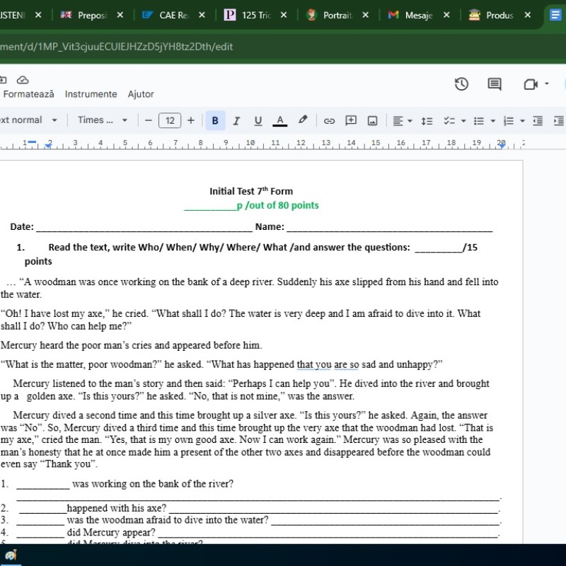 Test Inițial Limba Engleza clasa 7  [fișier .docx]