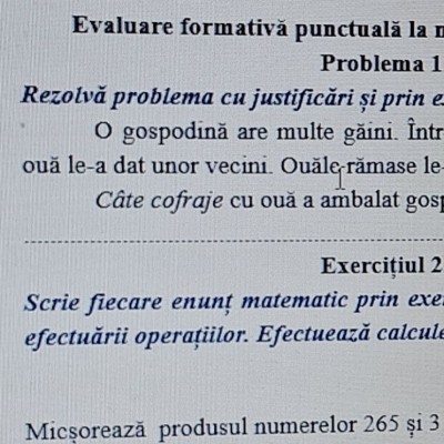 Evaluare formativă punctuală: Operații aritmetice în exerciții și probleme [fișier .DOC]