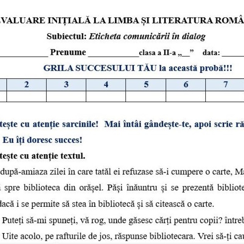 Evaluare inițială la limba și literatura română  în clasa 2