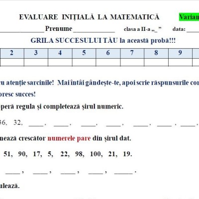 Evaluare inițială la matematică în clasa 2