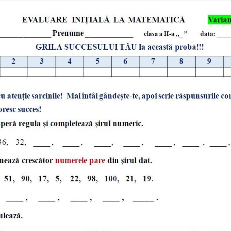 Evaluare inițială la matematică în clasa 2