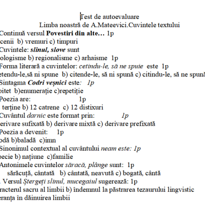 Test de autoevaluare la limba și literatura română, cl.VII [fișier .DOCX]