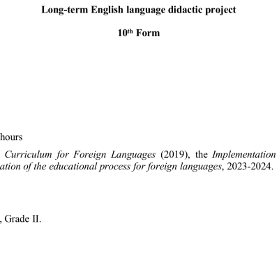 Long-term English language didactic project 10th Form [fișier .DOCX]