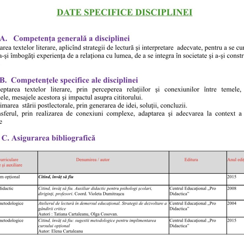 Proiectare didactică de lungă durată la disciplina opțională ,,Citind, învăț să fiu” [fișier .DOCX]