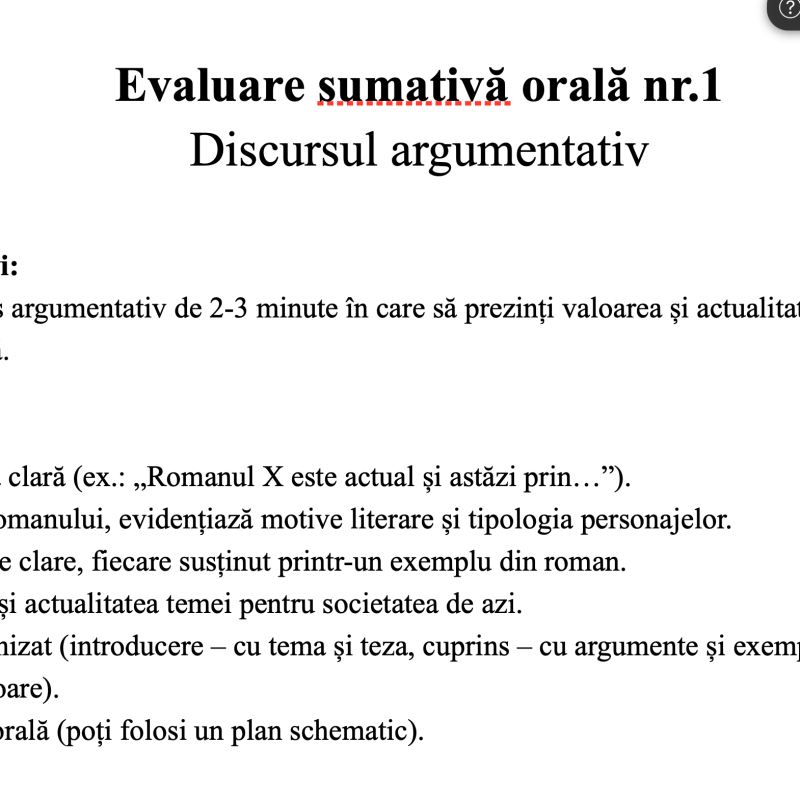 Evaluare sumativă orală nr.1 Discursul argumentativ [fișier .DOCX]