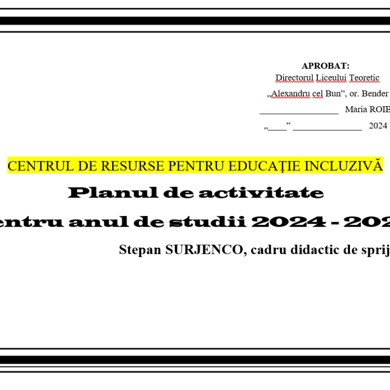 Planul de activitate a cadrului didactic de sprijin