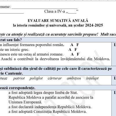 Evaluare sumativă anuală finală semestrul 2  la istoria românilor și universală, la finele semestrului 2, clasa 4 [fișier .DOCX]