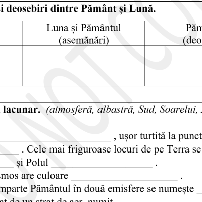 Evaluare formativă nr. 4 la științe, „Pământul- parte a universului”, modulul 4, semestrul 2, clasa 4 [fișier .DOCX]