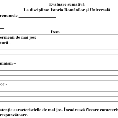 Evaluare sumativă+barem - Cultura în Epoca Modernă (clasa a VII-a) [fișier .DOCX]