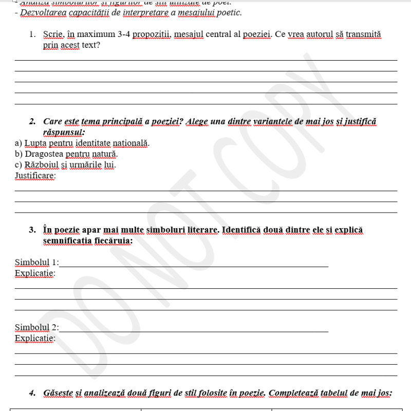 Fișă de lucru în baza poeziei ,,Cântare scrisului nostru” de Grigore Vieru [fișier .DOCX]