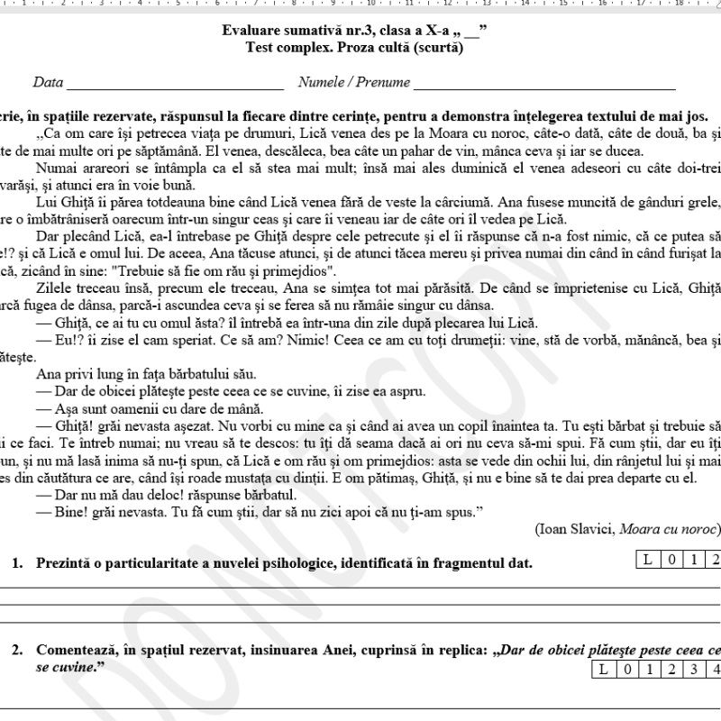 Evaluare sumativă, nr.3,  Proza scurtă. Nuvela, clasa a X-a