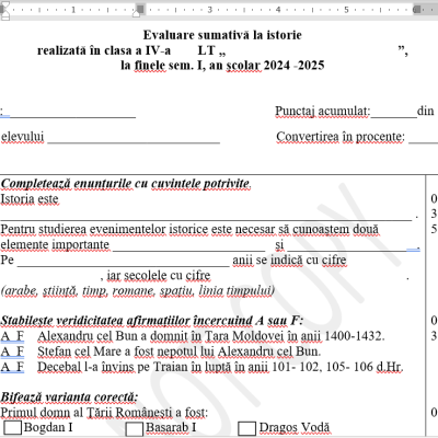 Evaluare sumativă finală semestrială semestrul 1 la istoria românilor și universală, la finele semestrului 1, clasa 4 [fișier .DOCX]