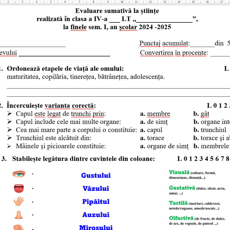 Evaluare sumativă finală semestrială semestrul 1 la științe, la finele semestrului 1, clasa 4